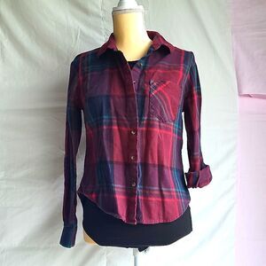 Miami Plaid Button Down Roll Tap Sleeve Shirt Size S